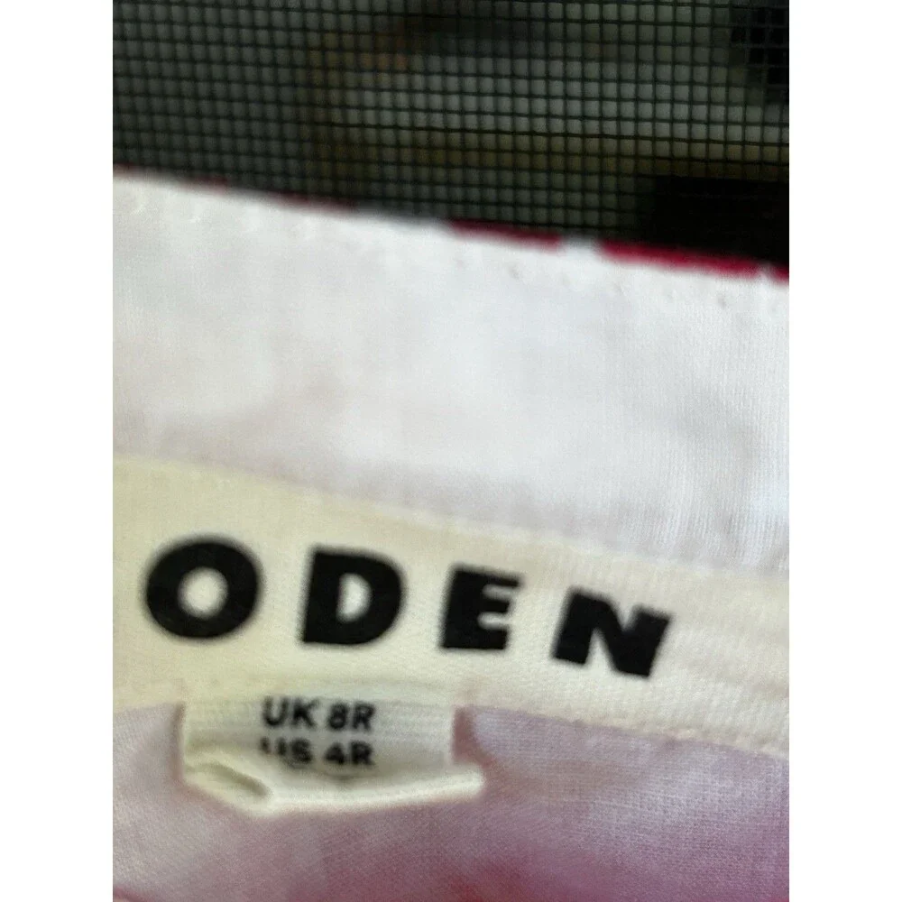 Boden 100% Linen Red White Damask Floral Dress Size 4 Puff Sleeve Short Garden