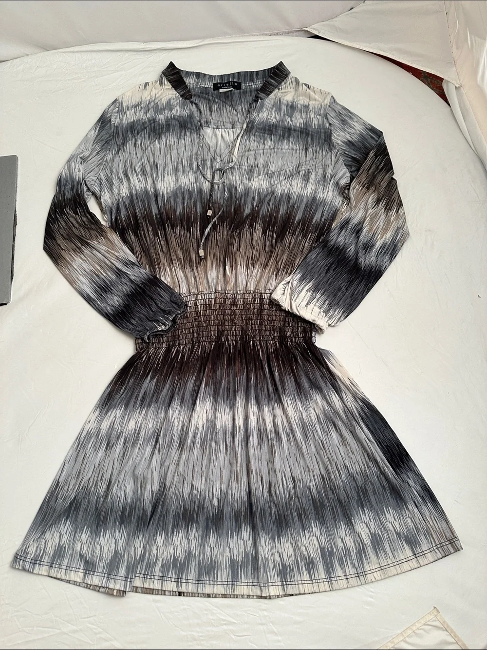 Ariella multicolor print stretch long sleeve v-neck blouson dress