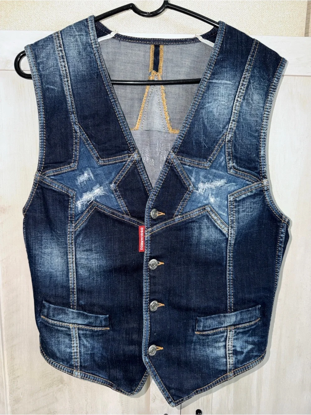 DSQUARED2 Dark Blue Distressed Denim Vest with Star Appliqués