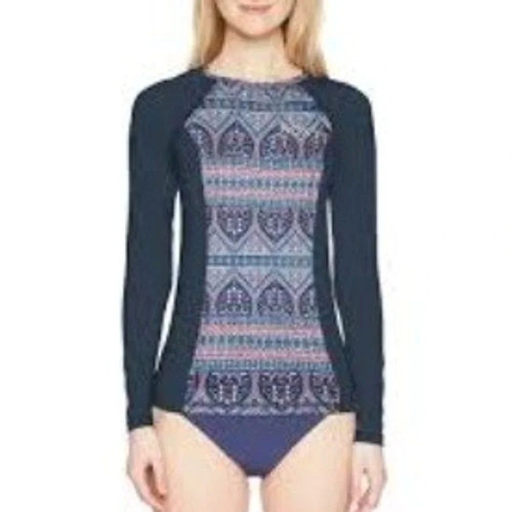 ROXY‎ Girls Long Sleeve Swim Top Rash Guard Navy Folk Print Size Youth Large