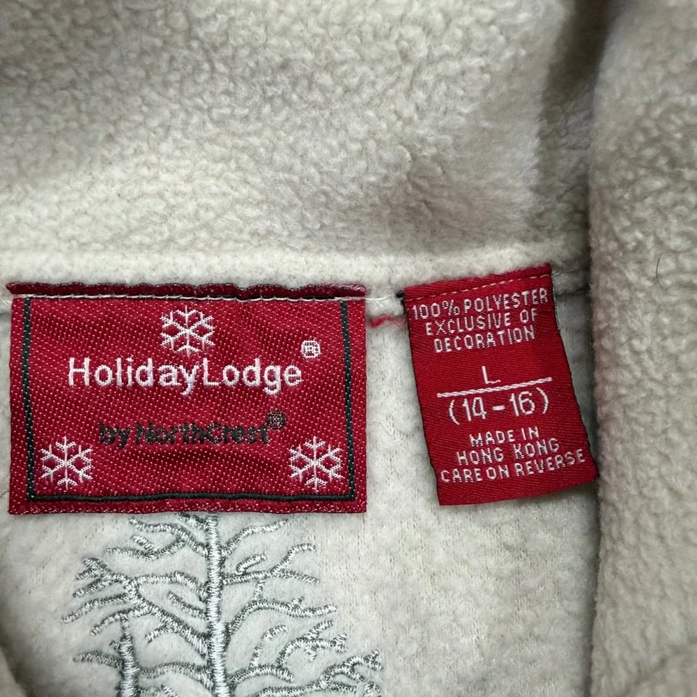 Holiday Lodge by NorthCrest Fleece Cardigan Cream Embroidered Nature Large 14-16