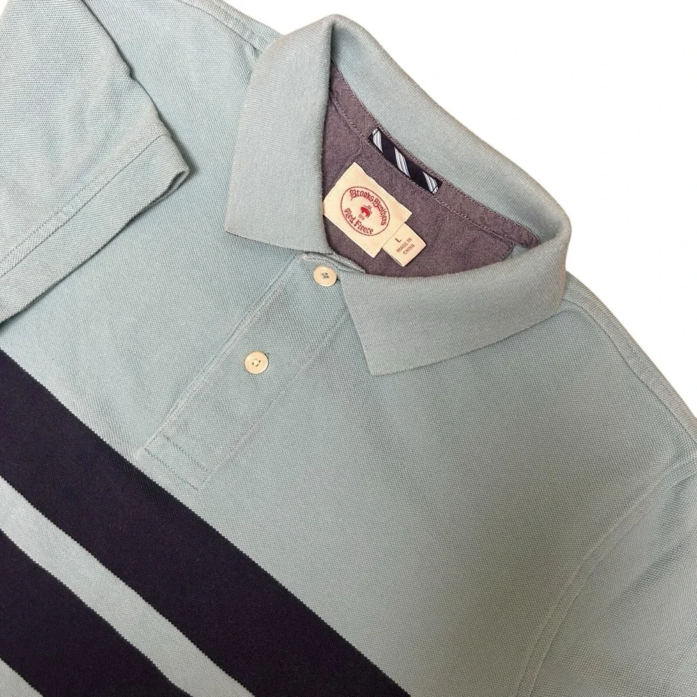 Brooks Brothers Red Fleece Mens Polo Shirt Size Large‎ Blue Stripe Short Sleeve
