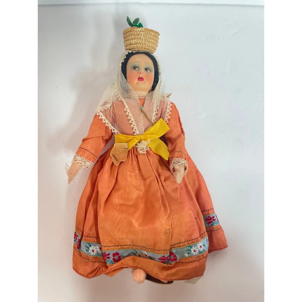 Vintage Sicilia‎ Italian Souvenir Doll Orange Lace Dress Straw Basket Sicily 10