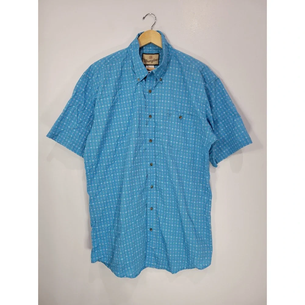 Wrangler Mens Blue Geometric Diamond Print Short Sleeve Button Down‎ Shirt XLT