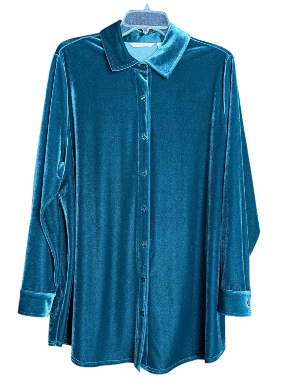 Soft Surroundings Teal Velvet Boyfriend Tunic Shirt Button Front XL