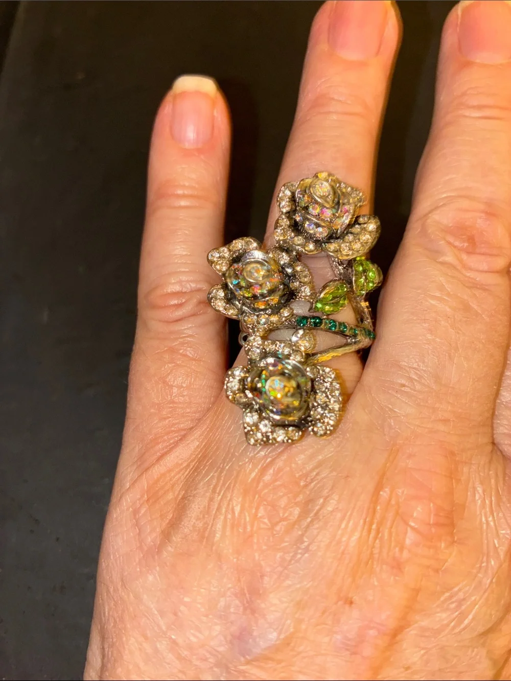 Featuring Three Crystal Rose Blooms Cocktail Stretch Ring with Green Accents