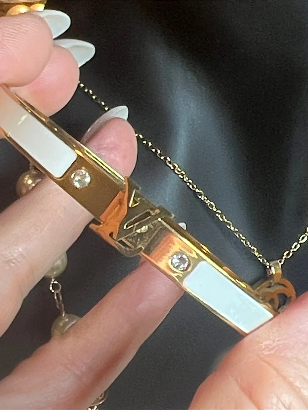 Gold-Tone Stainless Steel Bracelet with White Enamel and Crystal Accents