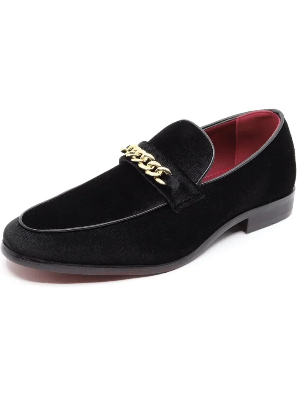 Metrocharm Men's Black Vintage Velvet Loafers Gold Chain Buckle Slip On Shoes