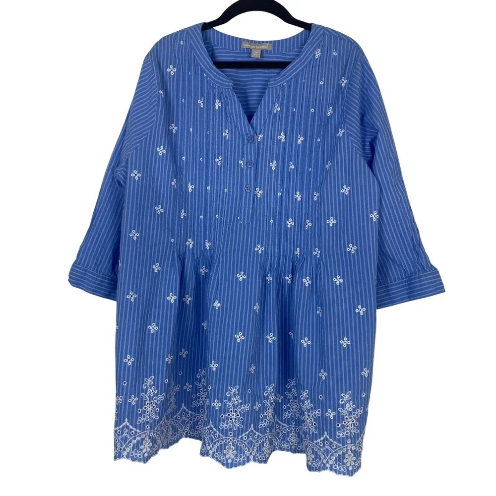 Woman Within Tunic Women 14/16 M Blue 3/4‎ Sleeve Striped Eyelet Cotton Babydoll