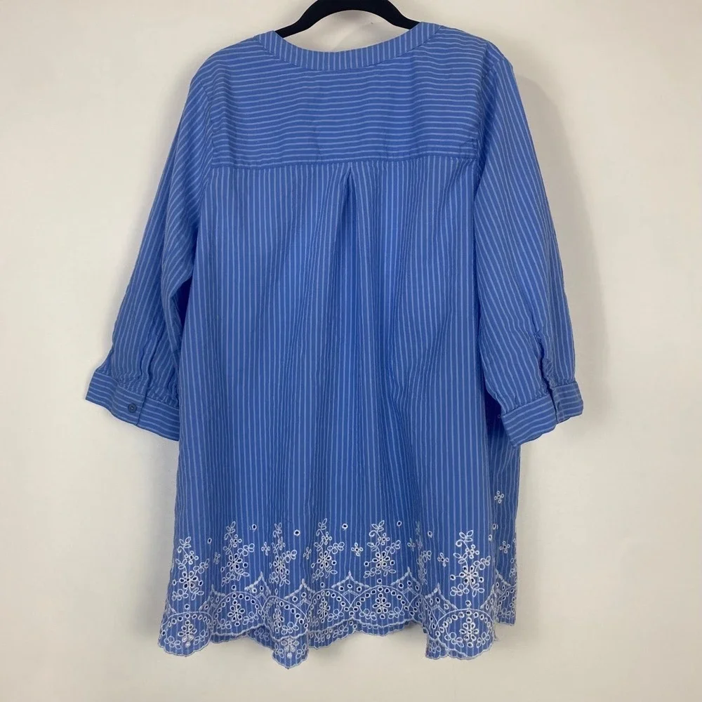 Woman Within Tunic Women 14/16 M Blue 3/4‎ Sleeve Striped Eyelet Cotton Babydoll