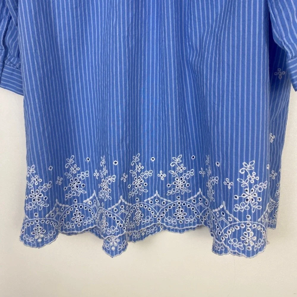 Woman Within Tunic Women 14/16 M Blue 3/4‎ Sleeve Striped Eyelet Cotton Babydoll