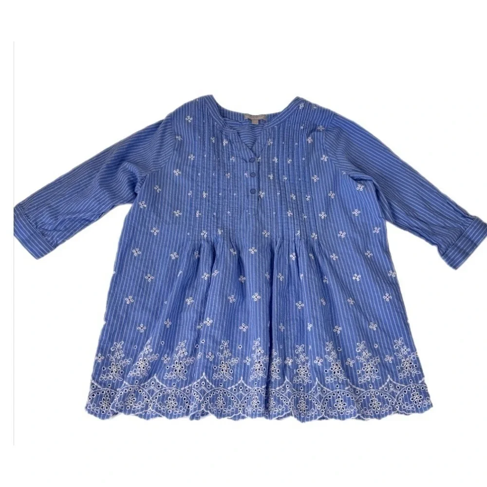 Woman Within Tunic Women 14/16 M Blue 3/4‎ Sleeve Striped Eyelet Cotton Babydoll
