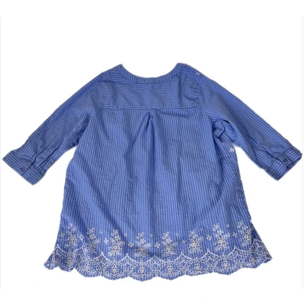 Woman Within Tunic Women 14/16 M Blue 3/4‎ Sleeve Striped Eyelet Cotton Babydoll