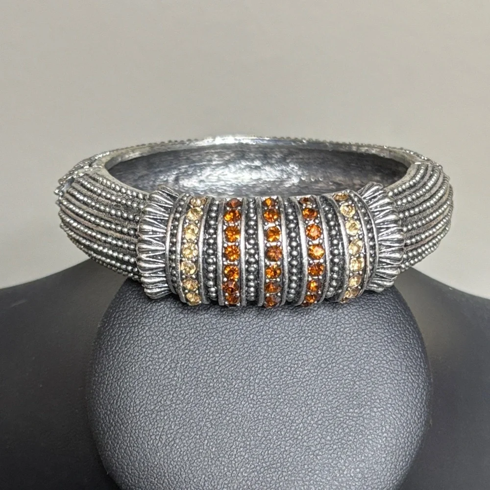 Silver Tone Citrine Garnet CZ Hinged Cuff Chunky Elegant Bracelet