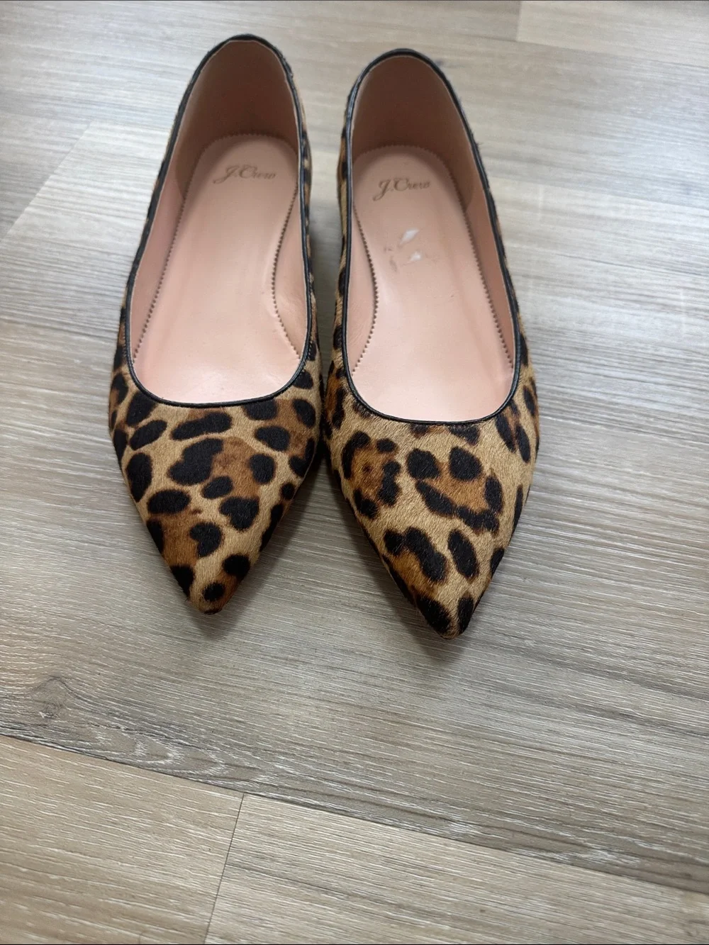 J. Crew Leather Pointed-toe Flats In Leopard Calf Hair Sz 11