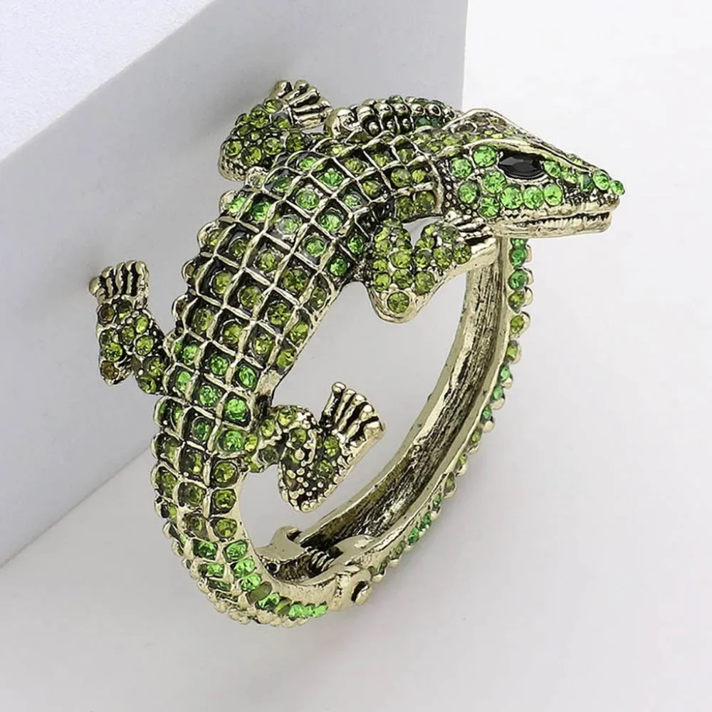 Green Rhinestone Alligator Crocodile Cuff Bracelet Statement Fashion Jewelry