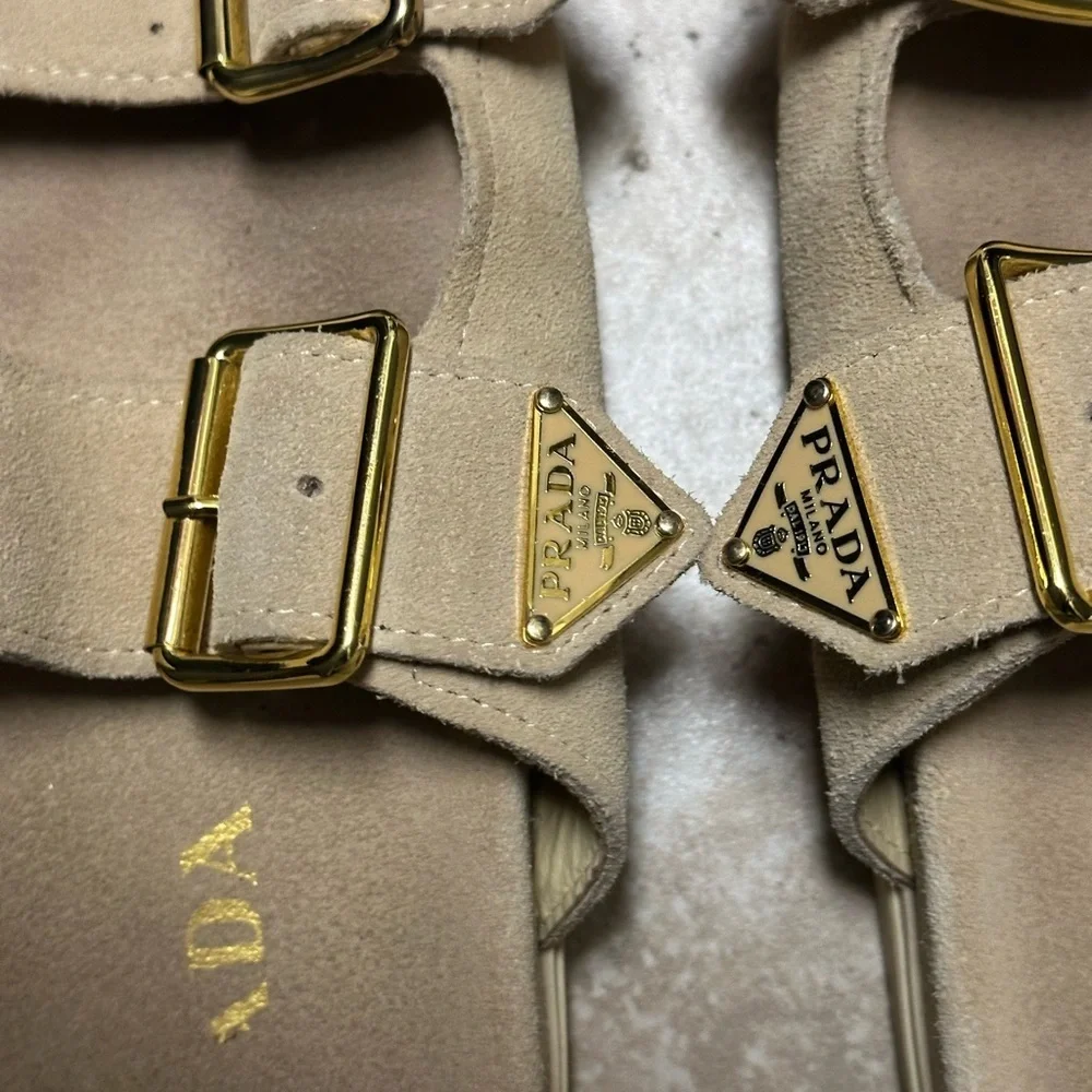 Prada Beige Suede Sandals with Gold Buckles, sz 37 pre-owned
