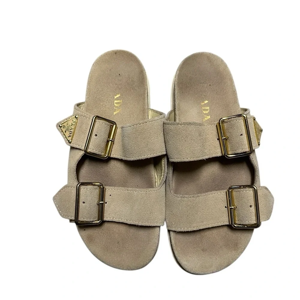 Prada Beige Suede Sandals with Gold Buckles, sz 37 pre-owned