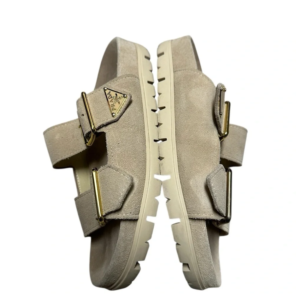 Prada Beige Suede Sandals with Gold Buckles, sz 37 pre-owned