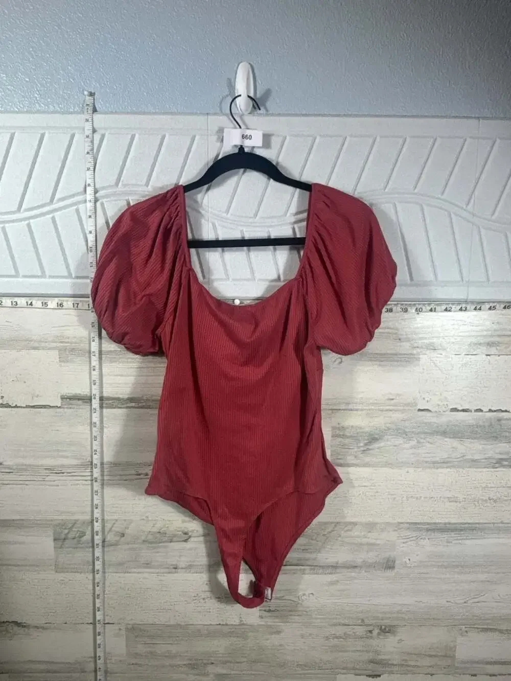 Haute Monde Red Rib-Knit Puff Sleeve Ruched Bust Bodysuit XL