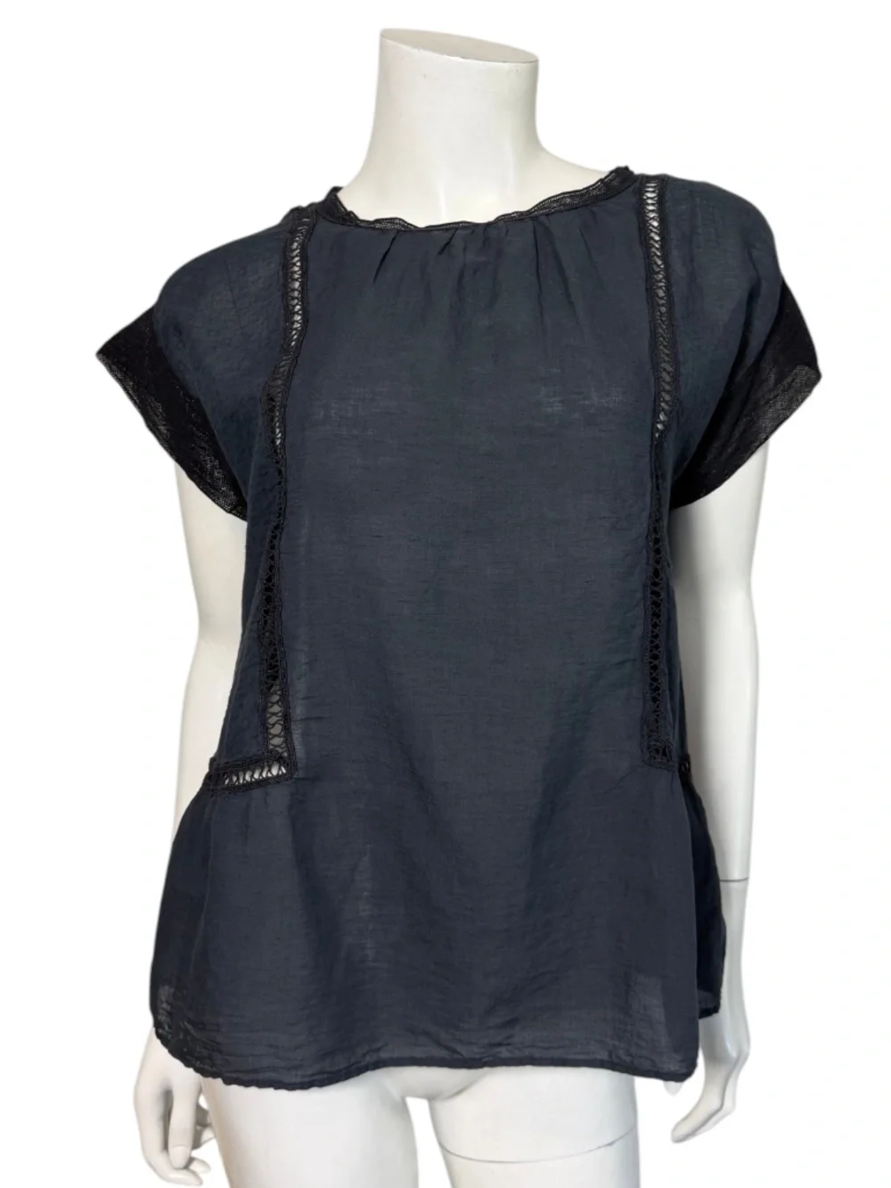 Pomandère Cotton Linen Lace Trim Cap Sleeve Blouse Size 40