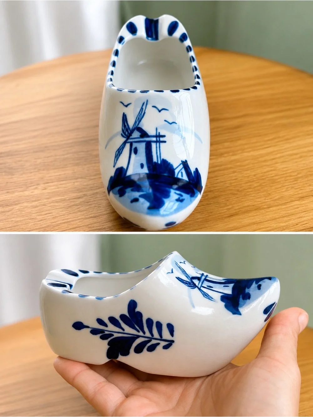 Vintage Hand Painted Delft Style Dutch Clog Shoe Blue White Windmill Ceramic