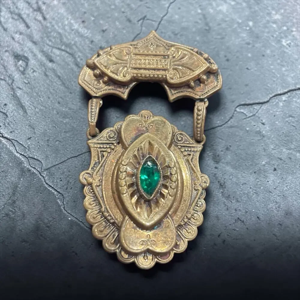 Antique Emerald Green Glass Dangle Brooch Art Nouveau Ornate Gold Tone Pin