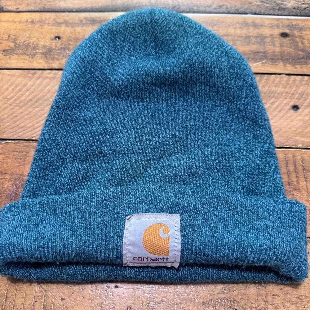 Carhartt Beanie Hat Kids OS Blue Marl Knit Cuffed‎ Logo Patch Warm Winter Cap