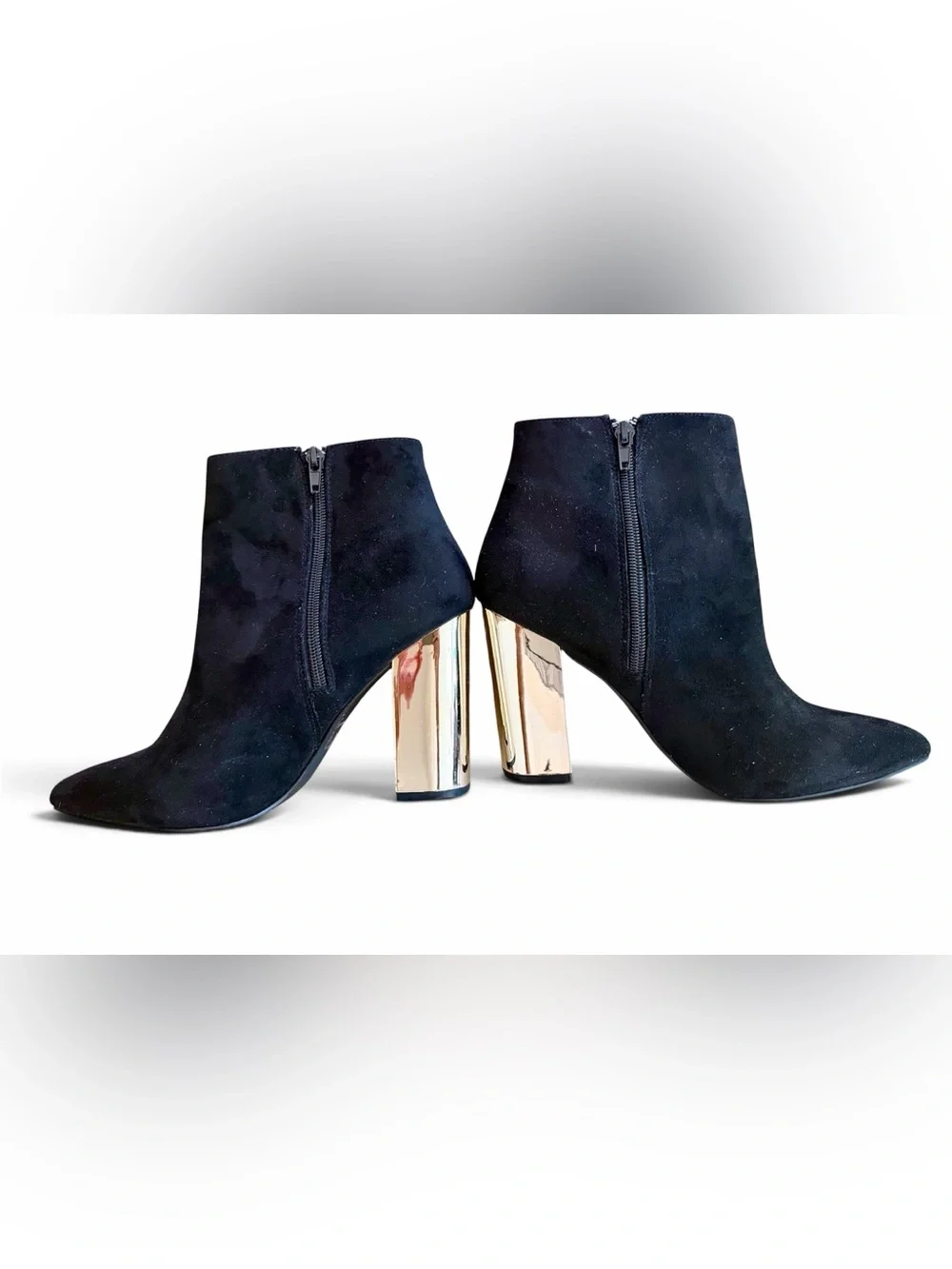 Boutique Ankle Booties Gold Mirror Block Heel Faux Suede Women’s Size 9