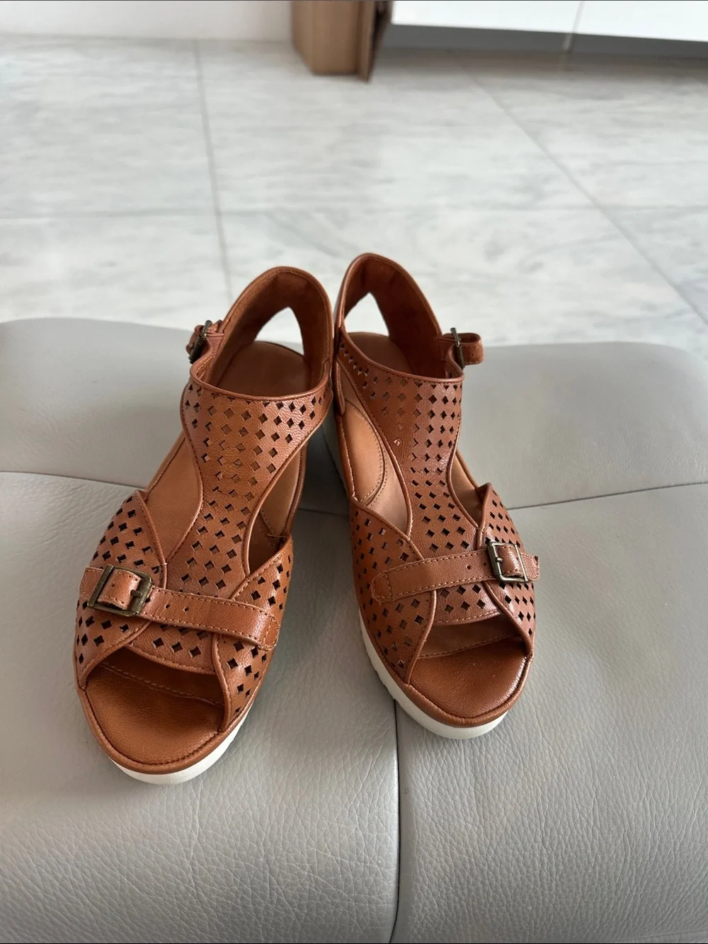 Women's Tan Perforated Buckle Wedge Sandals