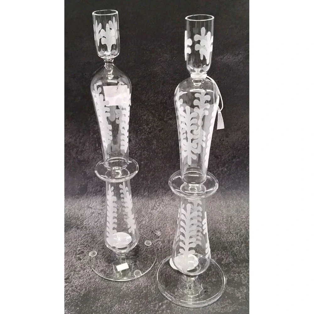 Pottery Barn Set of (2) Etched Glass Taper Candle Holders 13 Inches Tall NWT