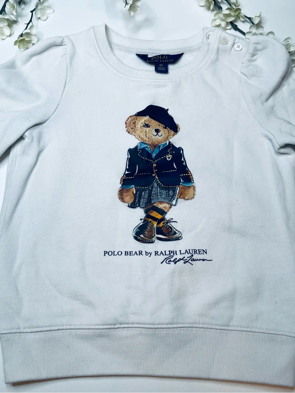 Ralph Lauren White Polo Bear Long Sleeve Sweatshirt with Navy Accent