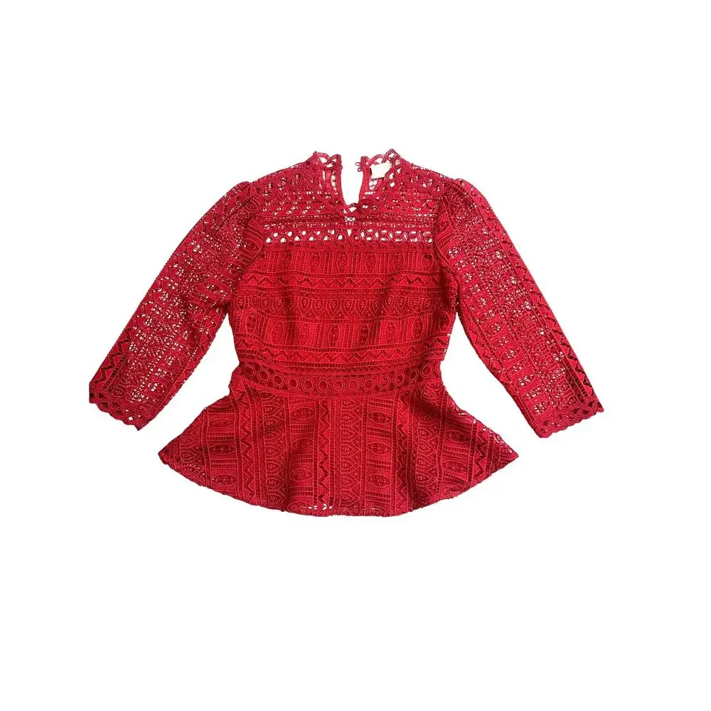 Moulinette Soeurs Anthropologie Tamera Red Lace Peplum Top Size 2
