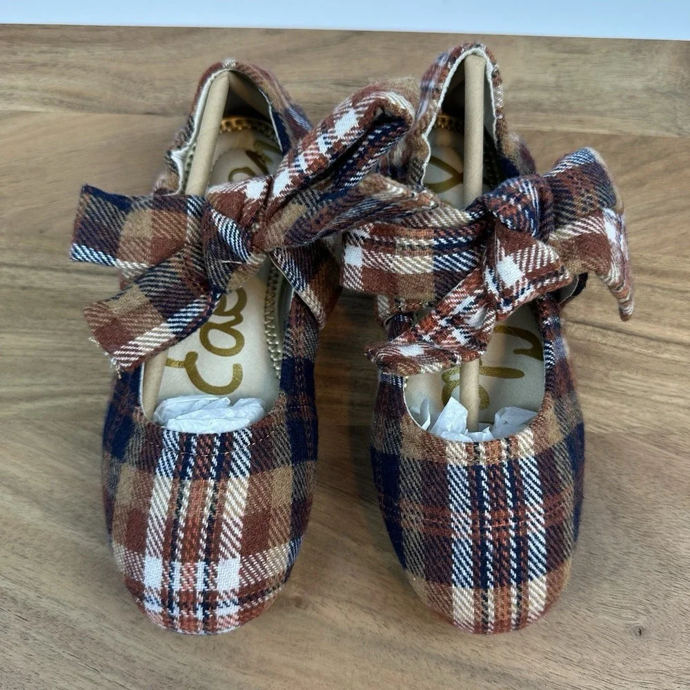 New Big Kids Sam Edelman Felicity Rust Plaid Ballet Flats‎ Shoes Size 2 Y