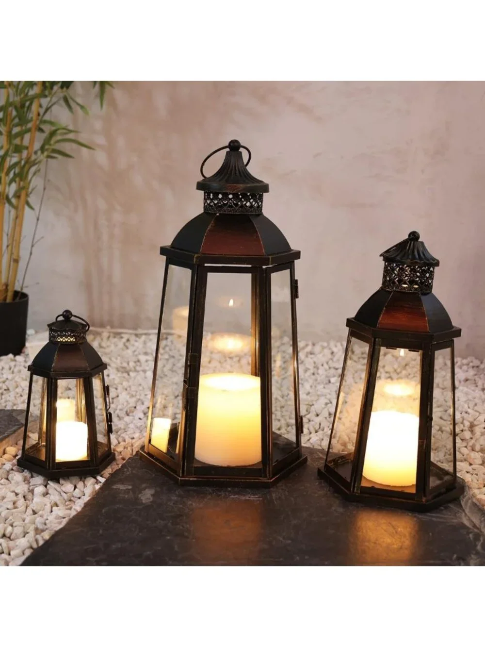 Set of 3 Vintage Lanterns - Metal Frame Candle Holders for Indoor & Outdoor