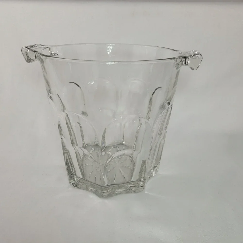 Vintage Clear Pressed Glass Ice Bucket Paneled Floral Starburst Base Barware