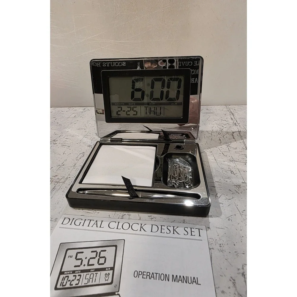 Things Remembered Digital Clock‎ Desk Set Mirrored Face Silver & Black No Box