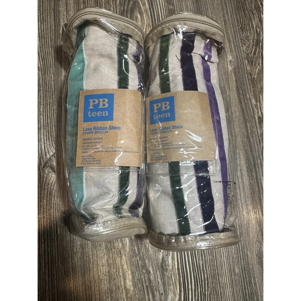 PB Teen Luxe Ribbon Pillow Shams 2 Purple‎ Green Linen Striped Pottery Barn