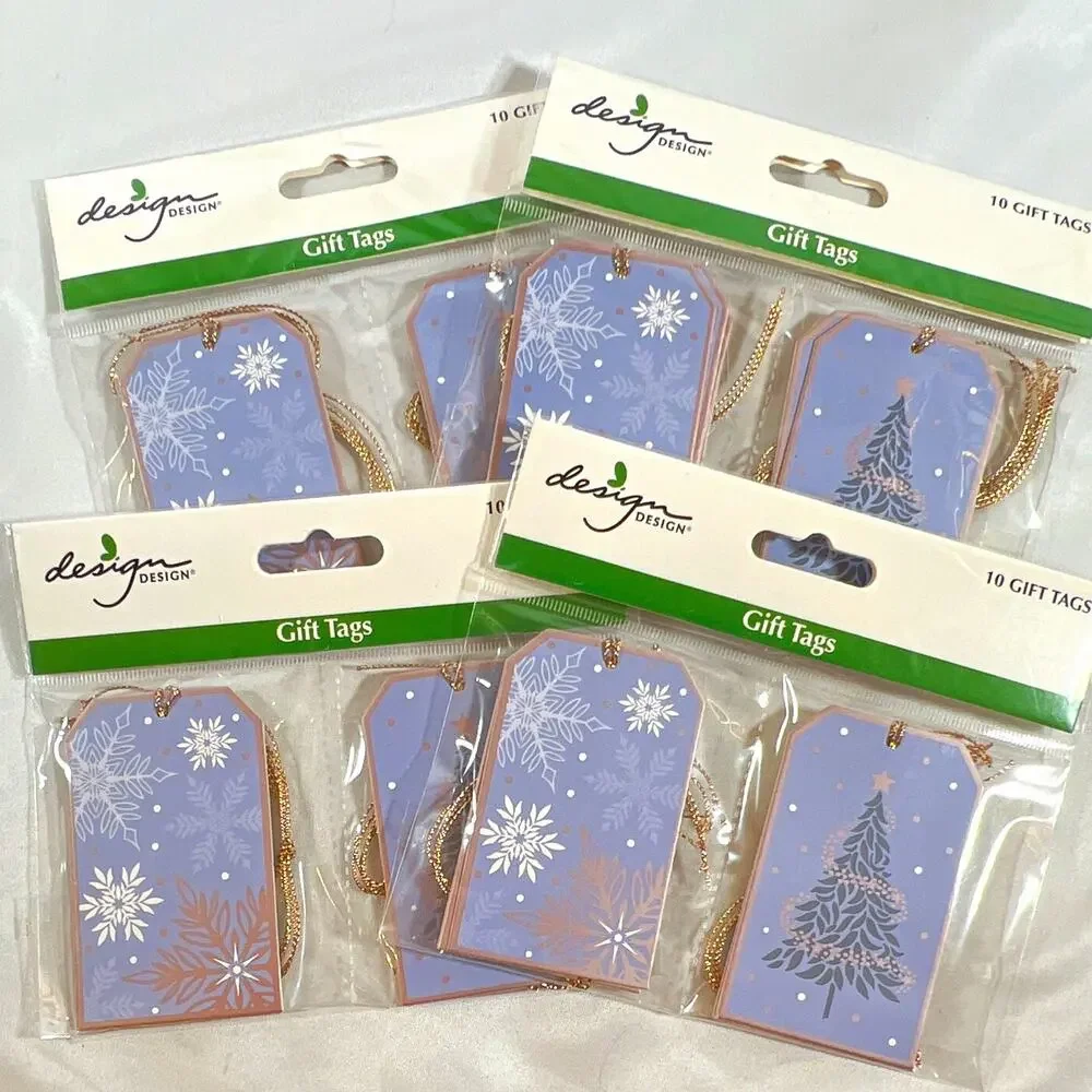 Design Design Christmas Gift Tags Blue Snowflake & Tree Gold String lot of 40