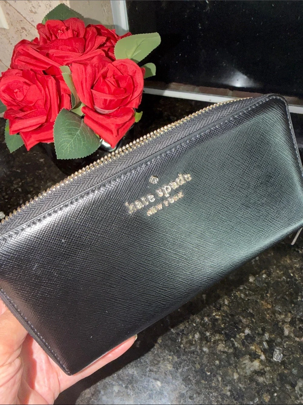 kate spade Black Zip Around Saffiano Leather Wallet