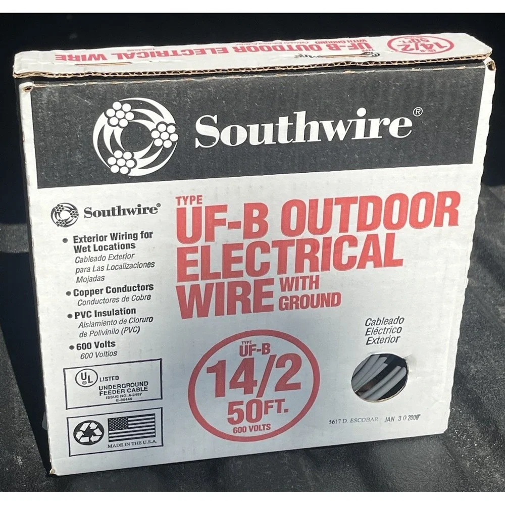 Southwire 14/2 UF-B Outdoor Electrical Wire with Ground - 50‎ FT Roll 600V NEW
