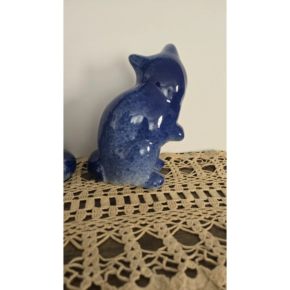 Vintage Blue Ceramic Cat Figurines‎ Pair 7