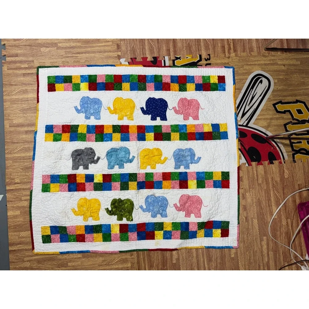 Handmade Elephant Patchwork Baby Quilt Colorful Nursery‎ Blanket 41x38 2017