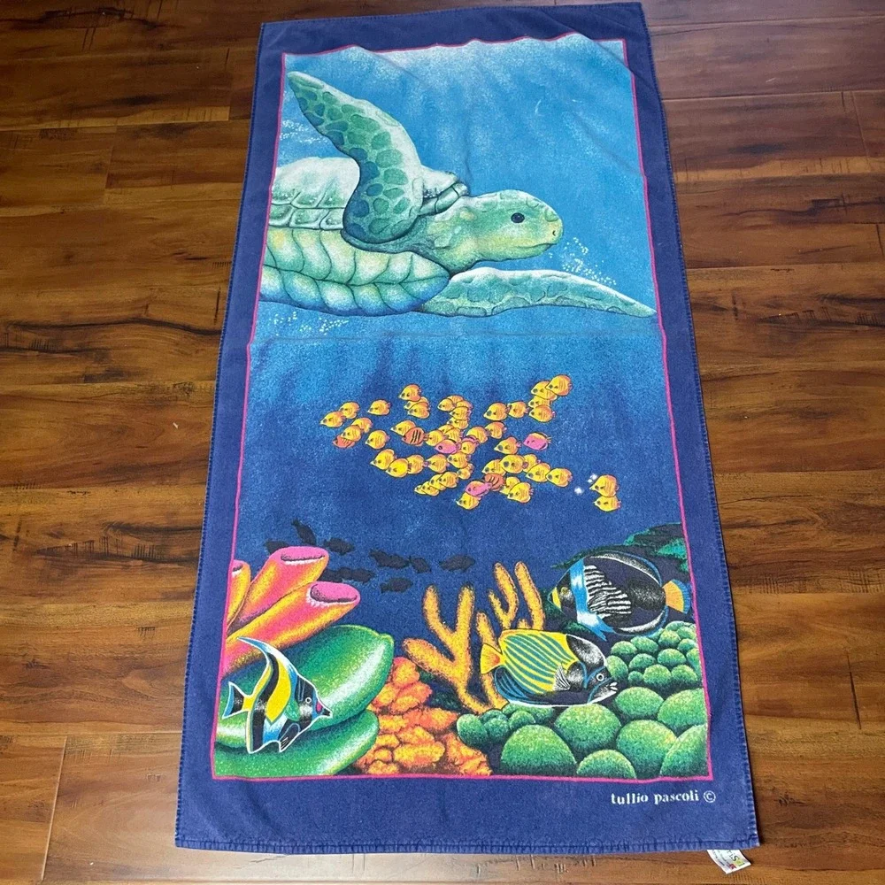 Vintage TerriSol Sea Turtle Beach Towel 27x53 Blue Underwater Coral Reef Honu