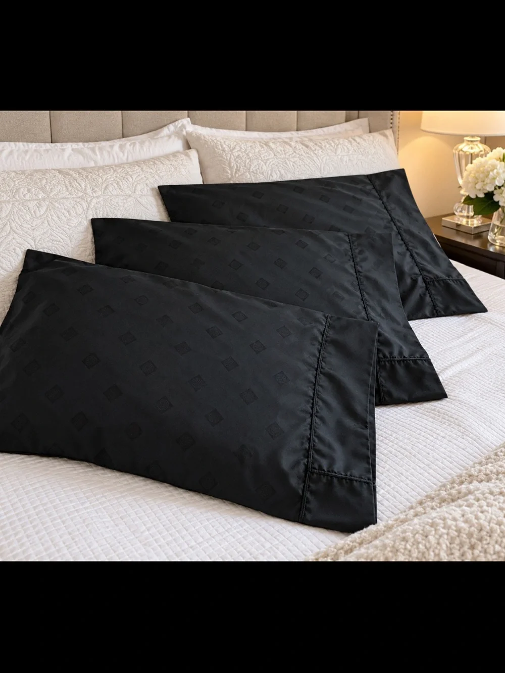 Vintage Royal Sateen 3 King Pillowcases Black Jacquard 100% Egyptian Cotton