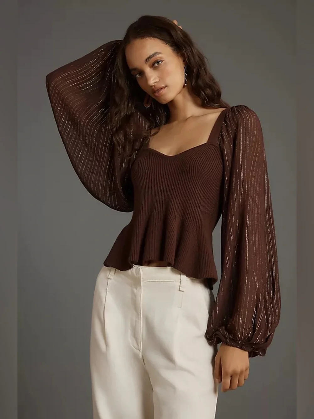 Anthropologie‎ Bl-nk Peplum Twofer Sweater Top Balloon Sleeves Brown Size Small
