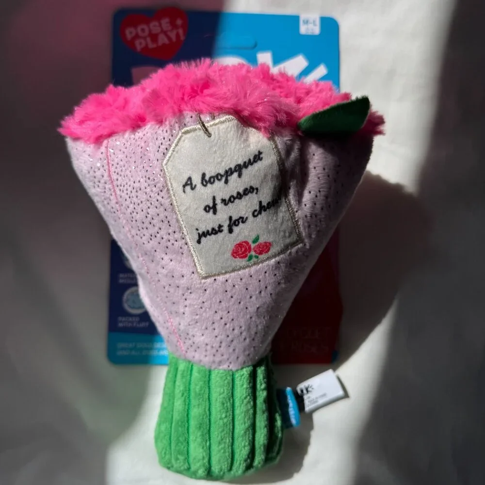 NWT BARK Boopquet of Roses Bouquet of Flowers Dog Toy, Pink & Green, M-L 20+ lbs