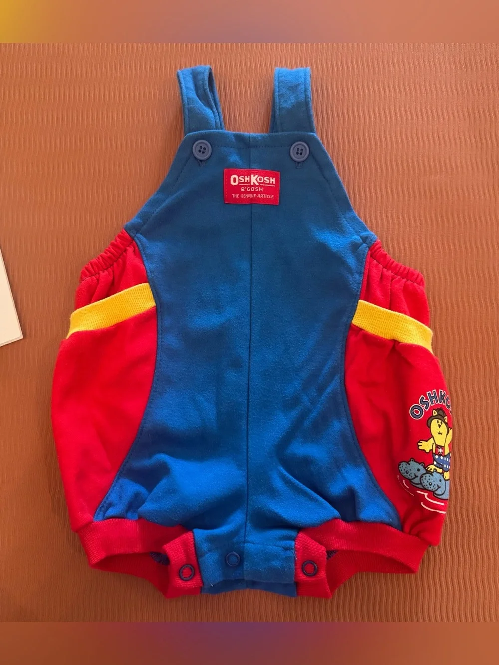 Vtg 90s Oshkosh Colorblock‎ Shortall w Bear Hippo Graphic 6-9M