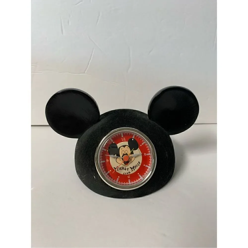 Disney Parks Mickey Mouse club black fuzzy ears clock-WORKS