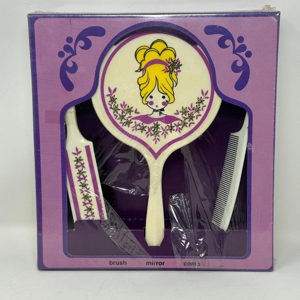Vintage 1980 ARC Mirror Brush Comb Set‎ Purple Floral Girl Graphic New Old Stock